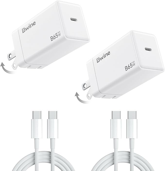 Bwine 65W Phone Charger, GaN Charging Blocks, Compatible with Drone, iPhone 17/Pro,Galaxy S24,Note 20/10+, iPad and More(2X Adapter 2X Cable)