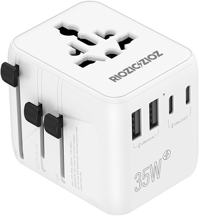 GaN III Universal Travel Adapter, 35W PD Charging with 7 Ports, Worldwide Plug for EU/US/UK/AU/JP, Portable Charger for Business and Vacation Travel