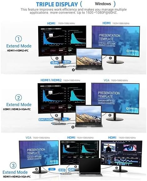 13 Combo Type-C Ethernet Hub, 4K USB-C to 2 HDTVs, VGA, 2 USB 3.0, 2 USB 2.0, 100W PD, SD/TF Card Reader, Microphone/Sound Expansion Base, Suitable for USB-C laptops (100)