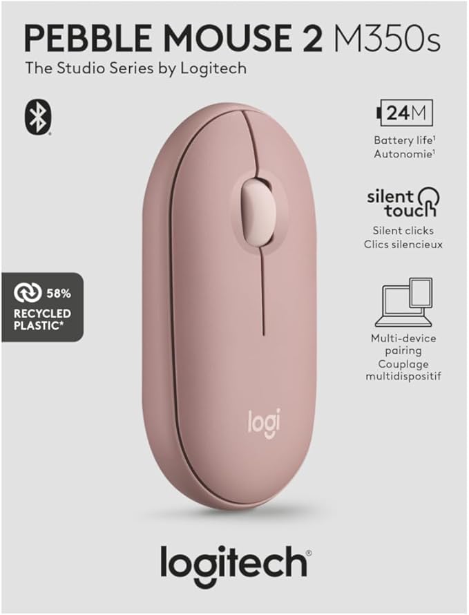 Logitech Pebble Mouse 2 M350s Slim Bluetooth Wireless Mouse, Portable, Lightweight, Customizable Button, Quiet Clicks, Easy-Switch for Windows, macOS, iPadOS, Android, Chrome OS - Tonal Rose