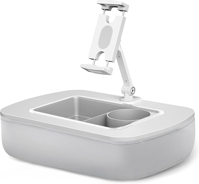 Tablet Stand Pillow with Snack Bowl, iPad Lap Holder for Hands-Free Reading and Relaxation on Bed,Couch,Recliner, 360° Rotating Clip for 4.7-13" Kindle,eBook,Tablet,iPhone (Light Gray)