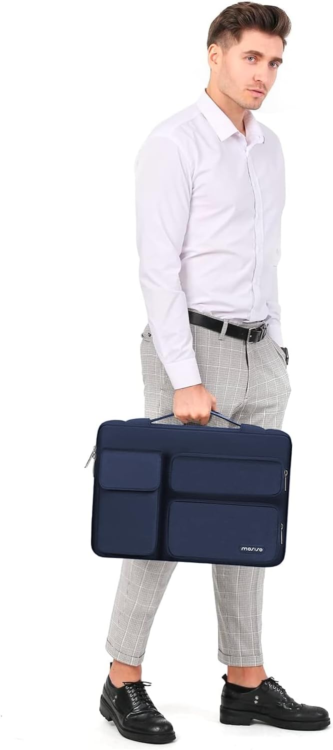 MOSISO 360 Protective Laptop Case 15 inch, Laptop Sleeve Compatible with MacBook Air 15 M4 A3241 M3 A3114 M2 A2941 2025-2023, Dell XPS 15,Side Open Bag with 2 Raised&1 Flapover Pockets, Navy Blue