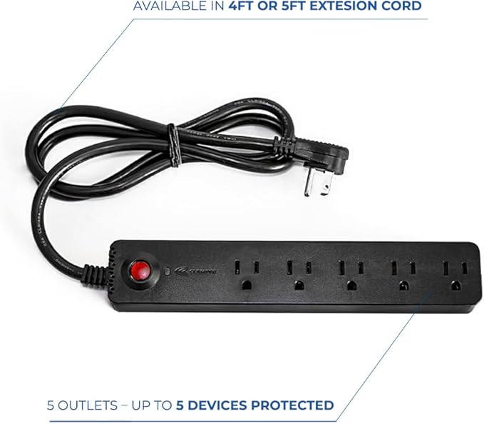 Clamper Power Strip 5-Outlet 4ft Extension Cord, Short Circuit Protection, Surge Protector 1800 Joules, 1875W, for TV, PC, Xbox, PS5 and Other Appliances, Home and Office, iCLAMPER Power 5 Black