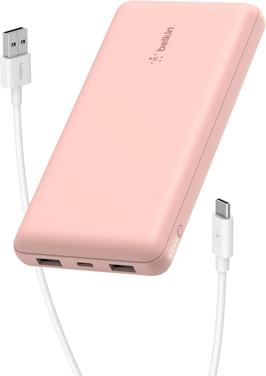 Belkin Portable Charger, USB-C Power Bank 10000 mAh w/ 1xUSB-C & 2xUSB-A Ports, 15W w/ Type-C to Type-A Cable - iPhone 17, Samsung Galaxy S25, Google Pixel 10, Nintendo Switch 2, etc. - Rose Gold