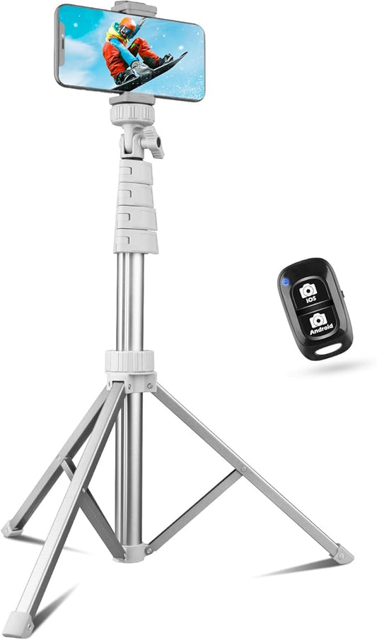 Sensyne 67" Phone Tripod & Selfie Stick, Extendable iPhone Tripod Stand with Wireless Remote and Phone Holder, Compatible with Cell Phone, Camera (Silver)