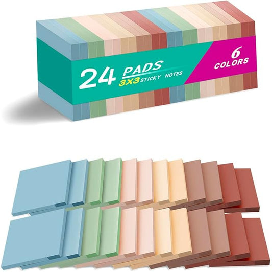 (24 Pads) Sticky Notes 3x3 inch, Self-Stick Pads Vintage Colors Sticky Note, Recyclable, Easy to Stick for Home, Office, Notebook