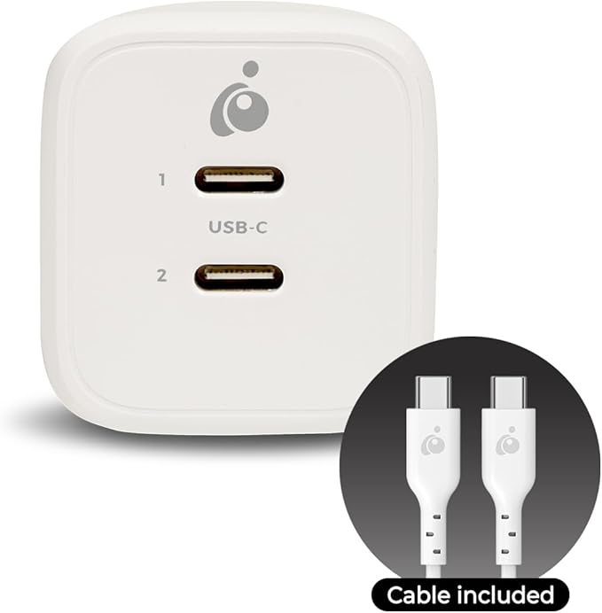 IOGEAR GearPower Dual USB-C 65W GaN Charger, PPS, 2 Port Fast Charger, Compact, Compatible with MacBook Pro/Air, Galaxy S20 and Above, iPhone 8 and Above - GPAWC65W