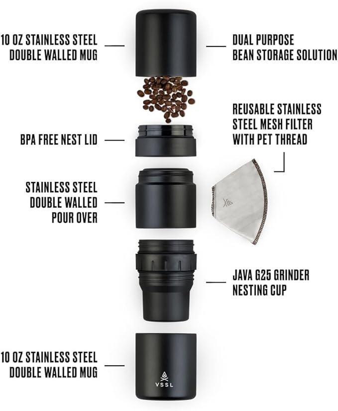 Nest Pour Over Coffee Kit | Coffee Maker for Camping | All-In-One Travel Pour Over | Transportable Dripper, Two 10oz Stainless Steel Travel Mugs | Compact Storage & Adventure Ready | Black
