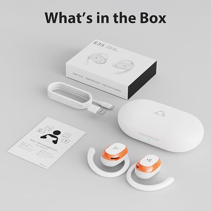 1Mii Open Ear Headphones, Wireless Sports Earbuds 60 Hours Long Playtime with Charging Case (White&Orange)