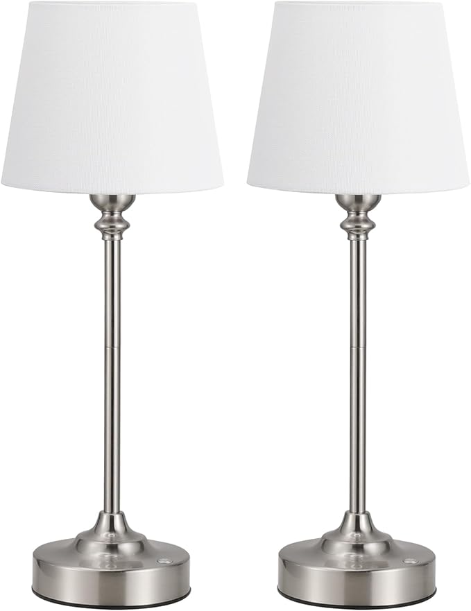 Kakanuo Cordless Table Lamps Rechargeable Set - 2 Pack Silver 4000mAH Battery Operated Lamps for Decor, 3000K Stepless Dimming Touch Wireless Lamp for Bedroom, Dining Table, Living Room, White Shade