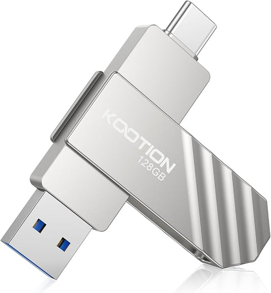 KOOTION USB-C Flash Drive 128GB, USB 3.2, Solid State, Swivel, Up to 450MB/s, Compatible with iPhone 15/16, Metal, 2-in-1 OTG, Silver