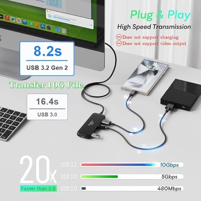 Qeefun 10Gbps USB 3.2 Hub with 4 USB A Data Ports, USB 3.2 Gen 2 Splitter, 4ft Extended Long Cable and Type-C Power Port, USB multiport Adapter for pc, Laptop, iMac, Mac mini, Dell XPS and More