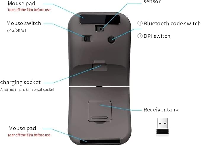 Foldable Arc Wireless Mouse with USB Receiver, Bluetooth 2.4GHz Dual-Mode Rechargeable,180° Rotation, Silent Click, Portable Curved Computer Mouse for PC, Laptop, MacBook (Black)