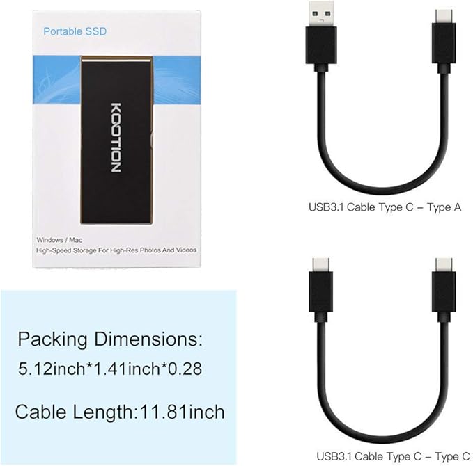 KOOTION External SSD 500GB USB 3.1 Type-c Portable SSD High-Speed Solid State Drive Ultra-Slim, Read up to 500MB/s & Write up to 450MB/s
