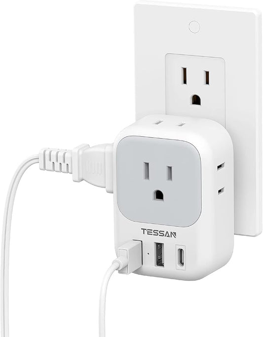 USB Wall Charger, Wall Plug Adapter Outlet Extender, TESSAN 3 Charger Block (1 USB C Port), Multi Charging Station for Cruise, Bathroom, Office, Dorm Essentials