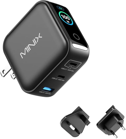 MINIX 100W USB C Charger, 3 Port GaN Charger with Smart Display and Touch Control, Powerful 100W Fast Charging for MacBook pro, iPhone 17/16 Series, Samsung Galaxy, Pixel, Laptop, and More