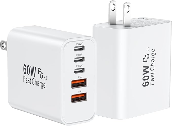USB C Fast Wall Charger Block, 2Pack 60W USBC Phone Charging Cubes, 5-Port Type C Power Plug Adapter Multiport Brick Box for iPhone 17/16/15/14/13/12/11/Pro Max/Plus/Air, iPad mini/Pro,Galaxy S25/S24