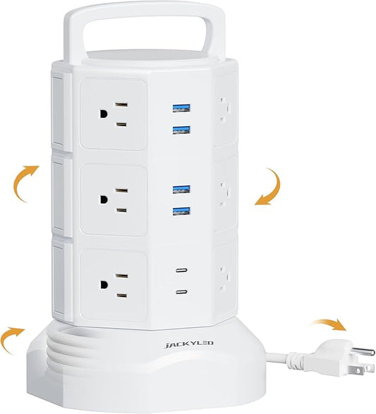 Power Strip Tower Surge Protector, JACKYLED 12 Outlets 6 USB (2 USB C) Charging Station, Extension Cord with Multiple Outlets, 1050J 1625W/13A Outlet Extender 6.5ft Extension Cord for Home Office
