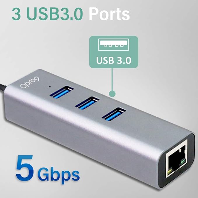 Opro9 4-in-1 USB C to Ethernet Hub, USB OTG Network Adapter, 3xUSB 3.0, Thunderbolt 3, with 10/100/1000 Mpbs RJ45 Gigabit Ethernet LAN Network, Adapter Converter for Mac/Windows/OS/Linux and More
