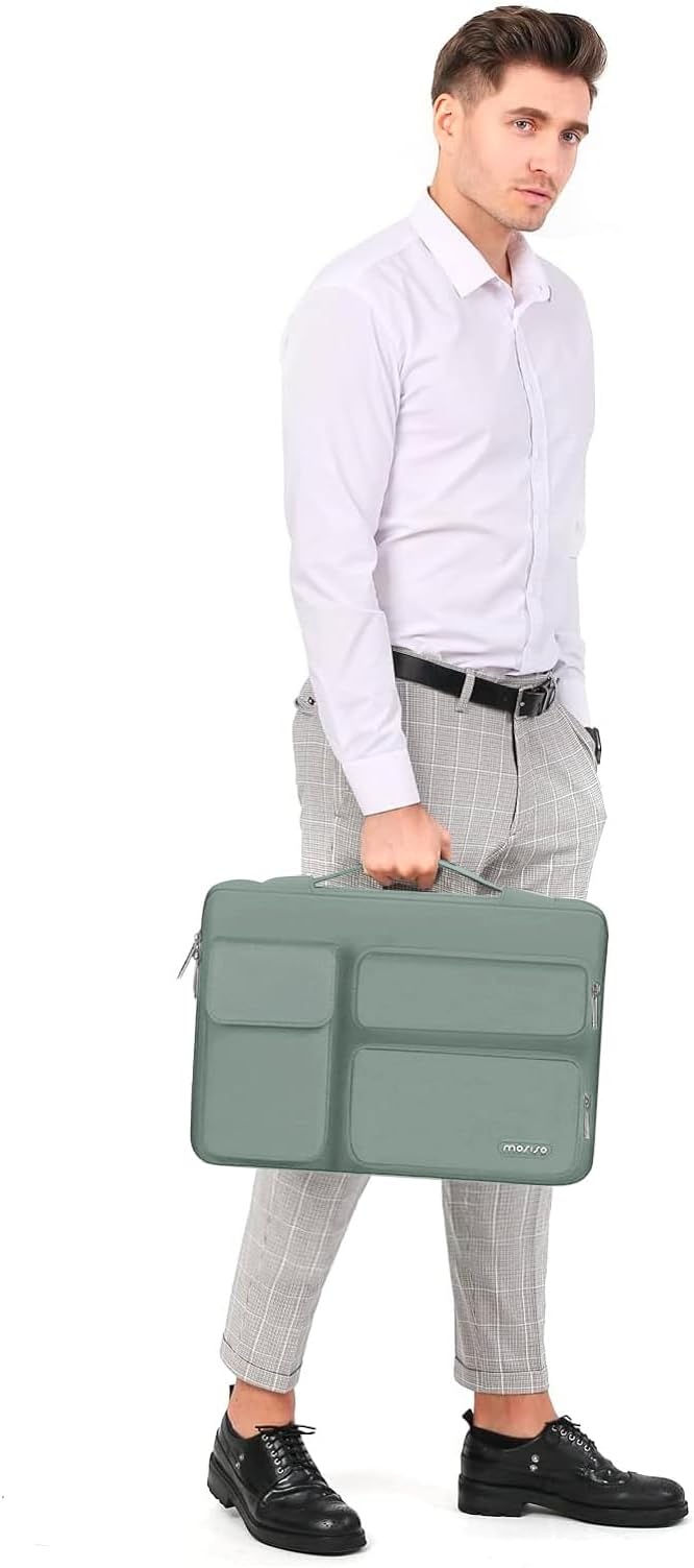 MOSISO 360 Protective Laptop Case 15 inch, Laptop Sleeve Compatible with MacBook Air 15 M4 A3241 M3 A3114 M2 A2941 2025-2023, Dell XPS 15,Side Open Bag with 2 Raised&1 Flapover Pockets, Antique Green
