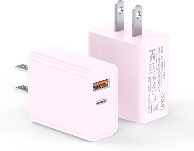 20W USB-C Wall Charger, [2 Pack] Fast Charge Power Brick Cube for iPad, iPhone, iPod, Samsung Galaxy, Moto, Huawei, HTC, LG, Nokia, PlayStation5, PD+QC3.0 Dual Port Charging Box Cube Block, Pink