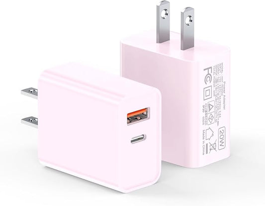 20W USB-C Wall Charger, [2 Pack] Fast Charge Power Brick Cube for iPad, iPhone, iPod, Samsung Galaxy, Moto, Huawei, HTC, LG, Nokia, PlayStation5, PD+QC3.0 Dual Port Charging Box Cube Block, Pink
