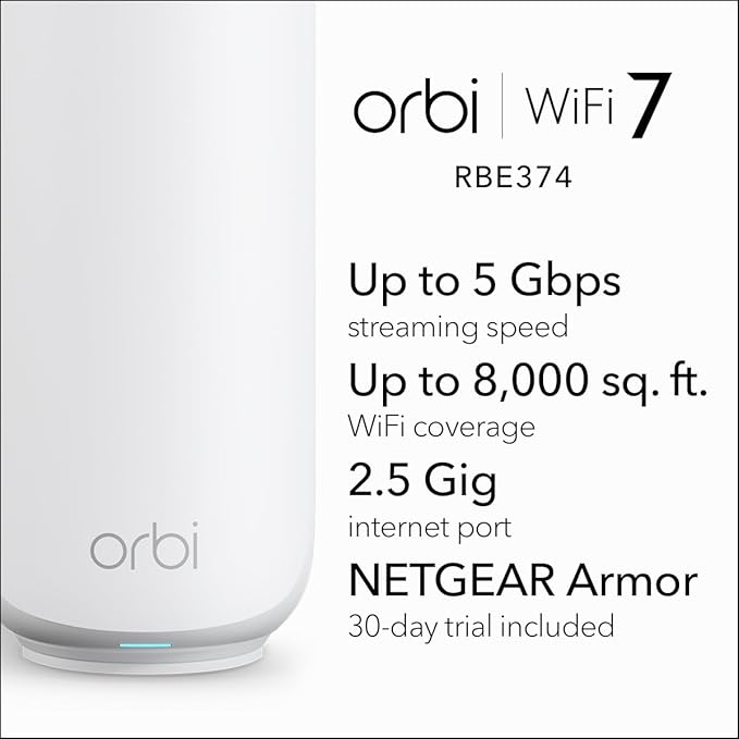 NETGEAR Orbi 370 Series Dual-Band WiFi 7 Mesh Network System for Home (RBE374) - Wireless Router + 3 Extenders, Security Features, 5 Gbps, Covers 8,000 sq.ft., 70 Devices, 2.5GB Internet Port, BE5000