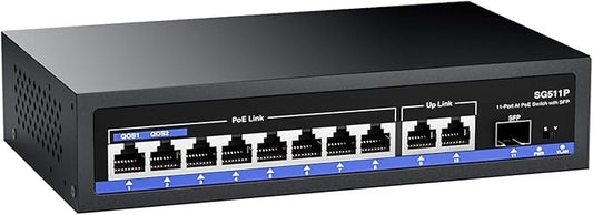 11-Port PoE Gigabit Switch, 8 PoE+ Port, 2 Gigabit Uplink, 1 SFP Port, 120W AI Detection, Qos, Fanless Metal Plug & Play Unmanaged Network Switch