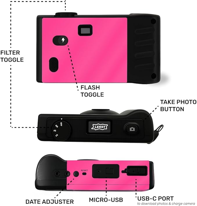 LENSY Screen Free Digital Camera | Four Built in Filters | Rechargeable, 8mp, Lightweight, Focus-Free, Auto-Flash, Easy-to-Use, Reusable, Retro Film-Style Photos (Pink)