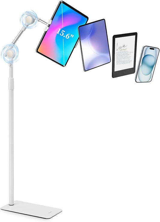 SHUWEI Tablet Floor Stand with Double Self-Locking Worm Gears, 70.9”Height Adjustable iPad Floor Stand with 7.5lb Stable Base, Compatible with 4-15.6'' iPad, Kindle, Phone, Portable Monitor, Whtie