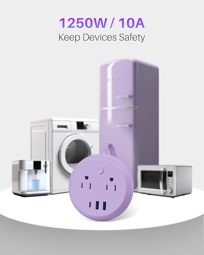 Flat Plug Power Strip with USB C Ports, KOOSLA Travel Extension Cord No Surge Protection - 2 Outlets 3 USB Ports(1250W) - Cruise Essentials for Cruise Ship, Home, Office, Dorm Room, 10ft