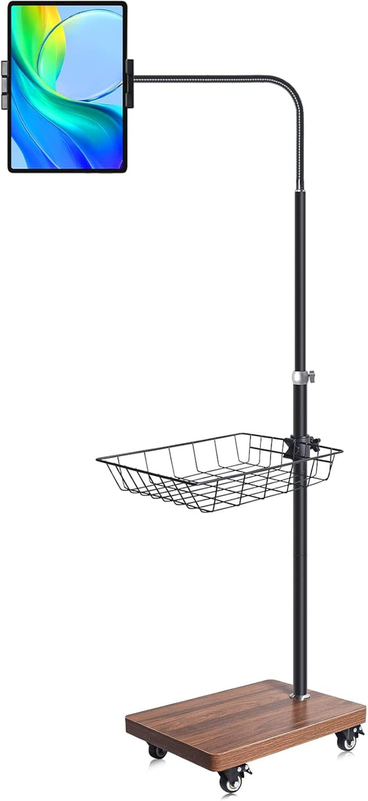 Adjustable Floor Tablet Stand with Rolling Base, Flexible Gooseneck Mount, Wood Platform, Mobile Device Holder for Indoor Use
