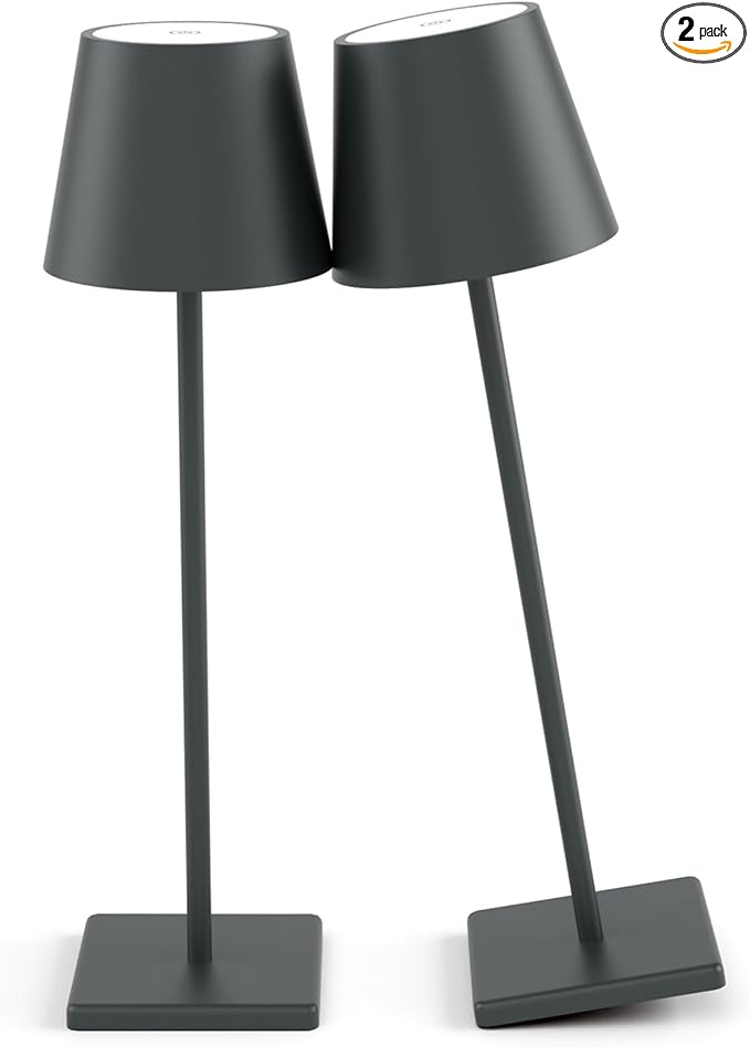2 Packs LED Cordless Table Lamp, Rechargeable Battery Desk lamp 5500mAh Battery Operated Stepless Dimming Modern Portable Table Light for Restaurant/Table/Bedroom/Outdoor IP54 Waterproof (Anthracite)