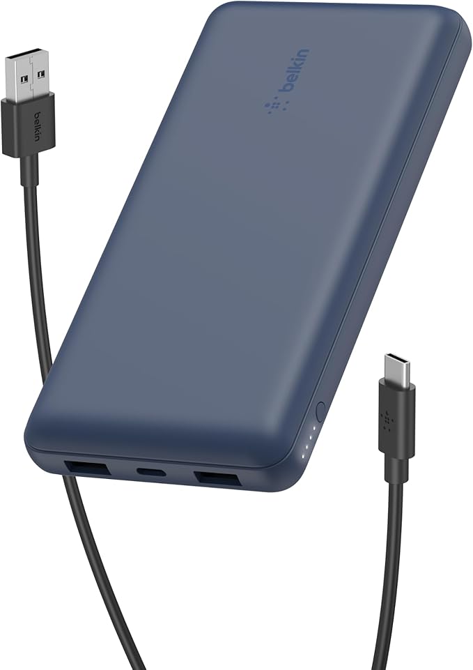 Belkin Portable Charger, USB C Power Bank 20000 mAh w/ 2 USB-A Ports, 15W w/ Type-A to Type-C Cable for iPhone 17, Air, Pro, Pro Max, Samsung Galaxy S25, S24, Google Pixel 10, iPad, etc. - Blue