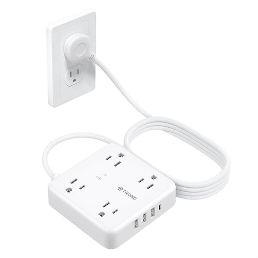TROND Surge Protector Power Strip with USB Ports, 10ft Flat Plug Extension Cord with Multiple Outlets, 1440J, Wall Mount for Home Office Dorm Room Essentials, White