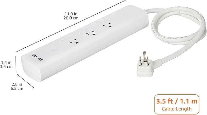 Amazon Basics Smart Plug Power Strip with 3 Individually Controlled Outlets and 2 USB-A Ports, Works with Alexa Only, 2.4 GHz Wi-Fi, No Hub Required, White