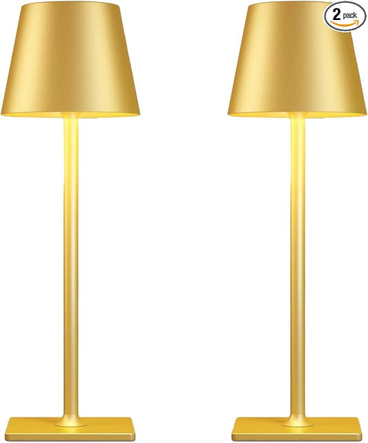 2 Pack Gold Rechargeable Table Lamps,Cordless Lamp with 6000mAh Battery Operated,Wireless Lamp for Restaurant Home Dinner Dining Kitchen Outdoor Patio,Waterproof & Portable