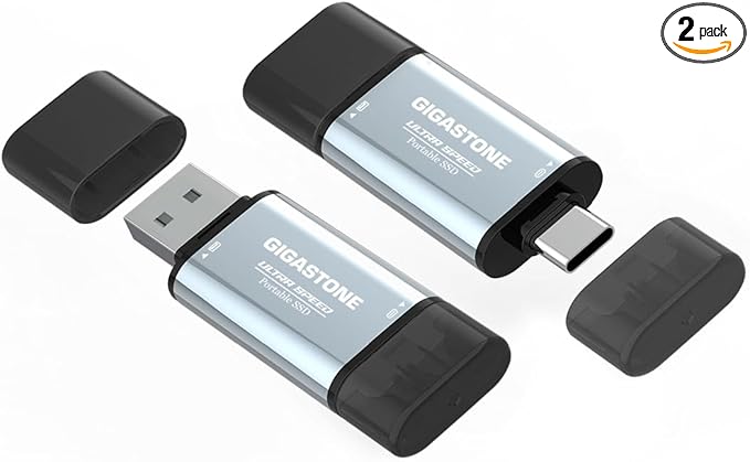 Gigastone Duo Go USB-A+C 1TB (2-Pack) Dual External Portable SSD 500MB/s Glossy Surface, Supports Apple 4K 60fps ProRes HDR Video Recording USB3.2 Gen 2 for iPhone 16 PS5 Mac iPad Laptop Android