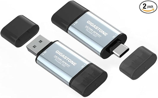 GIGASTONE Duo Go USB-A+C 512GB (2-Pack) Dual External Portable SSD 500MB/s Glossy Surface, Supports Apple 4K 60fps ProRes HDR Video Recording USB3.2 Gen 2 for iPhone 16 PS5 Mac iPad Laptop Android