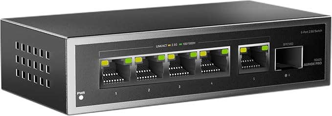 6 Port 2.5Gb Unmanaged Ethernet Switch with 5* 2.5G Base-T Ports, 1*10G SFP Ports, AUMOX PRO 60Gbps Switching Capacity Compatible with 100/1000/2500Mbps Plug and Play