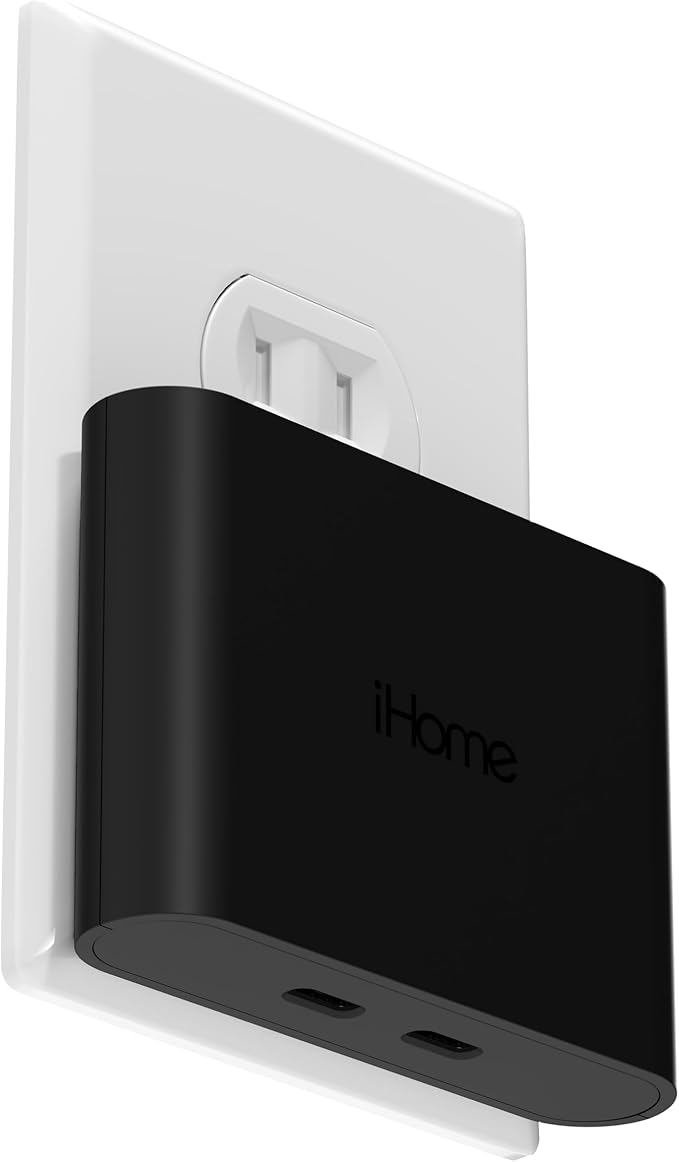 iHome Multiport 40W USB-C Charger, AC Pro 2-Port Flat Block, Dual Fast Charging Wall Adapter