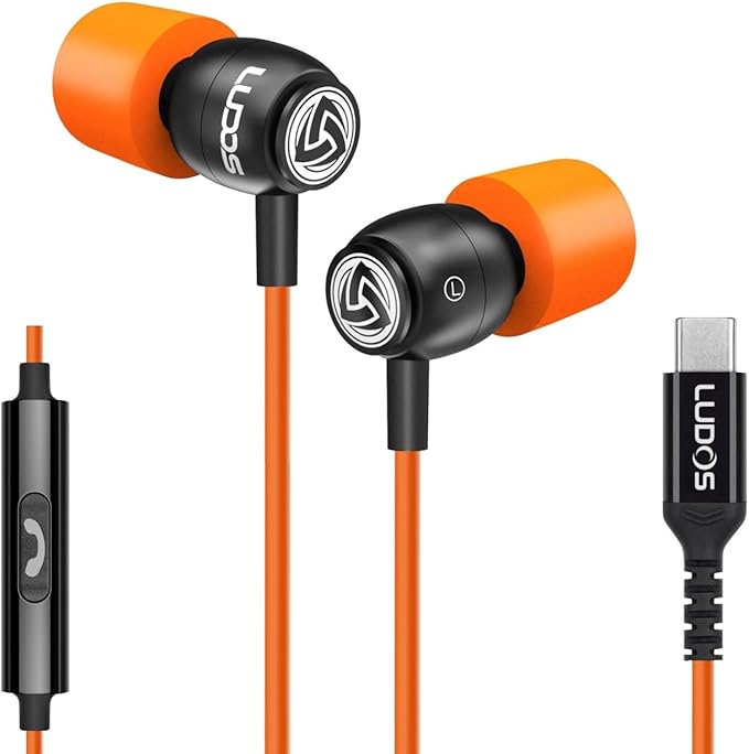 LUDOS Clamor USB C Headphones for iPhone 16 15 Pro Max Plus iPad Pro, 5 Years Warranty, USB-C Earbuds for Samsung Galaxy S24 S23 Ultra S22 S21 FE S20 A55 A54 A53, USB Type C Earphones - Orange