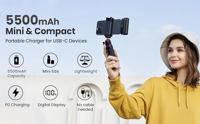 [2-Pack] Mini Portable Charger 5500mAh for iPhone 15/16 Series, LCD Display 15W PD Fast Charging Power Bank USB C Connector Battery Pack Compatible with 16/16 Pro Max/15/15 Pro Max Samsung Android etc