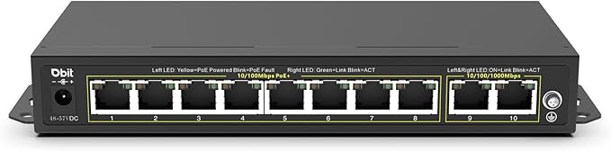 DBIT Unmanaged 10-Port PoE Network Switch, 8* 10/100Mbps PoE+ Ports, 2 Gigabit Uplink Ports, 802.3af/at, Desktop/Wall-Mount, Plug & Play, Support Extend/VLAN Mode, Metal Case Fanless, 130W (WS1082A)