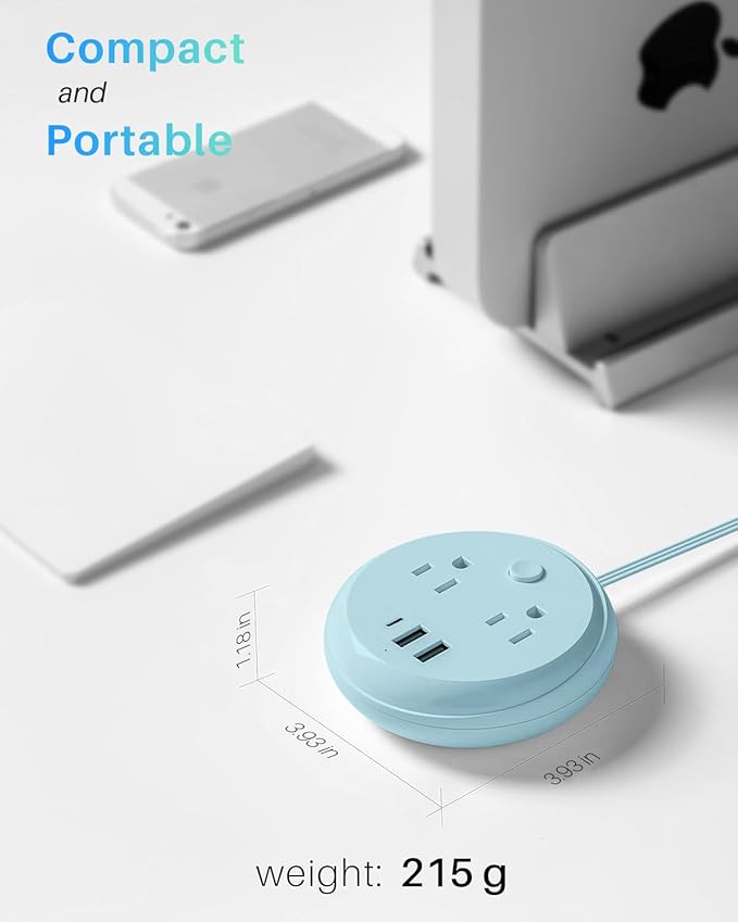 Flat Plug Power Strip with USB C Ports, KOOSLA Travel Extension Cord No Surge Protection - 2 Outlets 3 USB Ports(1250W) - Cruise Essentials for Cruise Ship, Home, Office, Dorm Room, 5ft