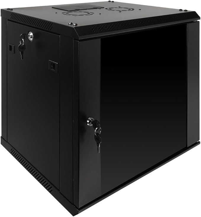 NavePoint 9U Server Rack Enclosure with Glass Door, Cooling Fan, Locks, & Removable Side Panels - 9U Wall Mount Network Cabinet 19 Inch Rack 17.7 Inches Deep