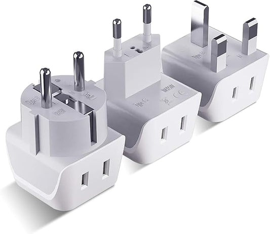 Ceptics Complete European Travel Adapter Set - 2 In 1 Usa to Europe, Germany, England, Spain, Italy, Iceland, France, (Type G, E/F, Type C) - 3 Pack, Safe Grounded Perfect for Cell Phones, Laptops