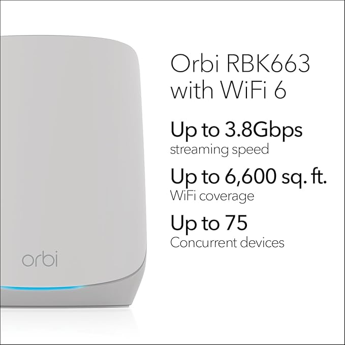 NETGEAR Orbi Whole Home Tri-Band WiFi 6 Mesh Network System (RBK663) – Router with 2 Satellite Extenders, Security Features, Coverage up to 6,600 sq. ft., 75 Devices - AX3800 (Up to 3.8Gbps)