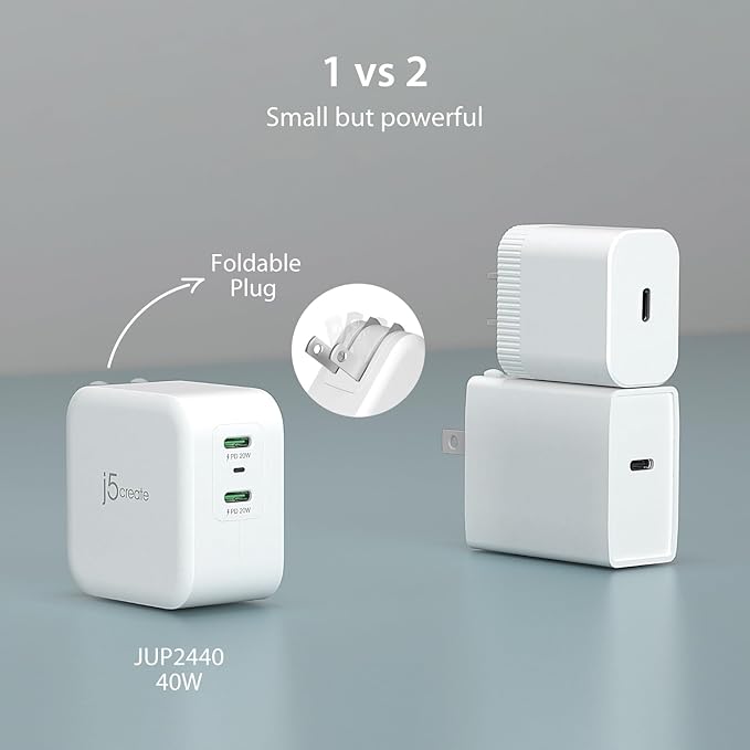 j5create PD 40W Dual Port USB C Wall Charger - Fast Charging for iPhone 15, 15 Plus, 15 Pro, 15 Pro Max, 14, 13, 12, 11, Galaxy S23, S22, S21, iPad, AirPods & More (JUP2440)