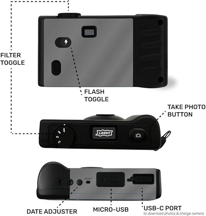 LENSY Screen Free Digital Camera | Four Built in Filters | Rechargeable, 8mp, Lightweight, Focus-Free, Auto-Flash, Easy-to-Use, Reusable, Retro Film-Style Photos (Gray)